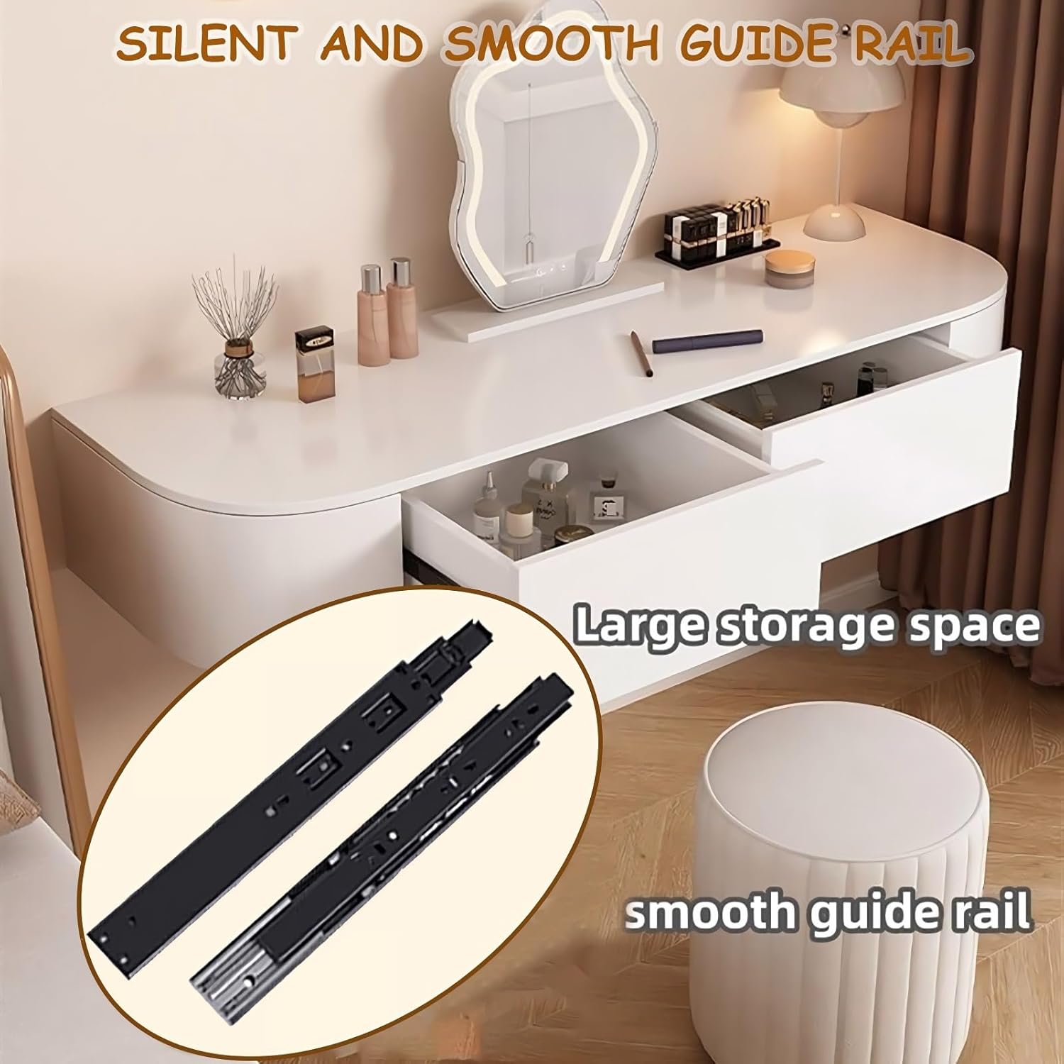 Modern Corner Floating Desk & Vanity Table with Drawers, Wall-Mounted Makeup Table & Storage Set, Small White Dressing Table with Lighted Mirror & Wood Shelf,Right Wallmount,47in No Mirror