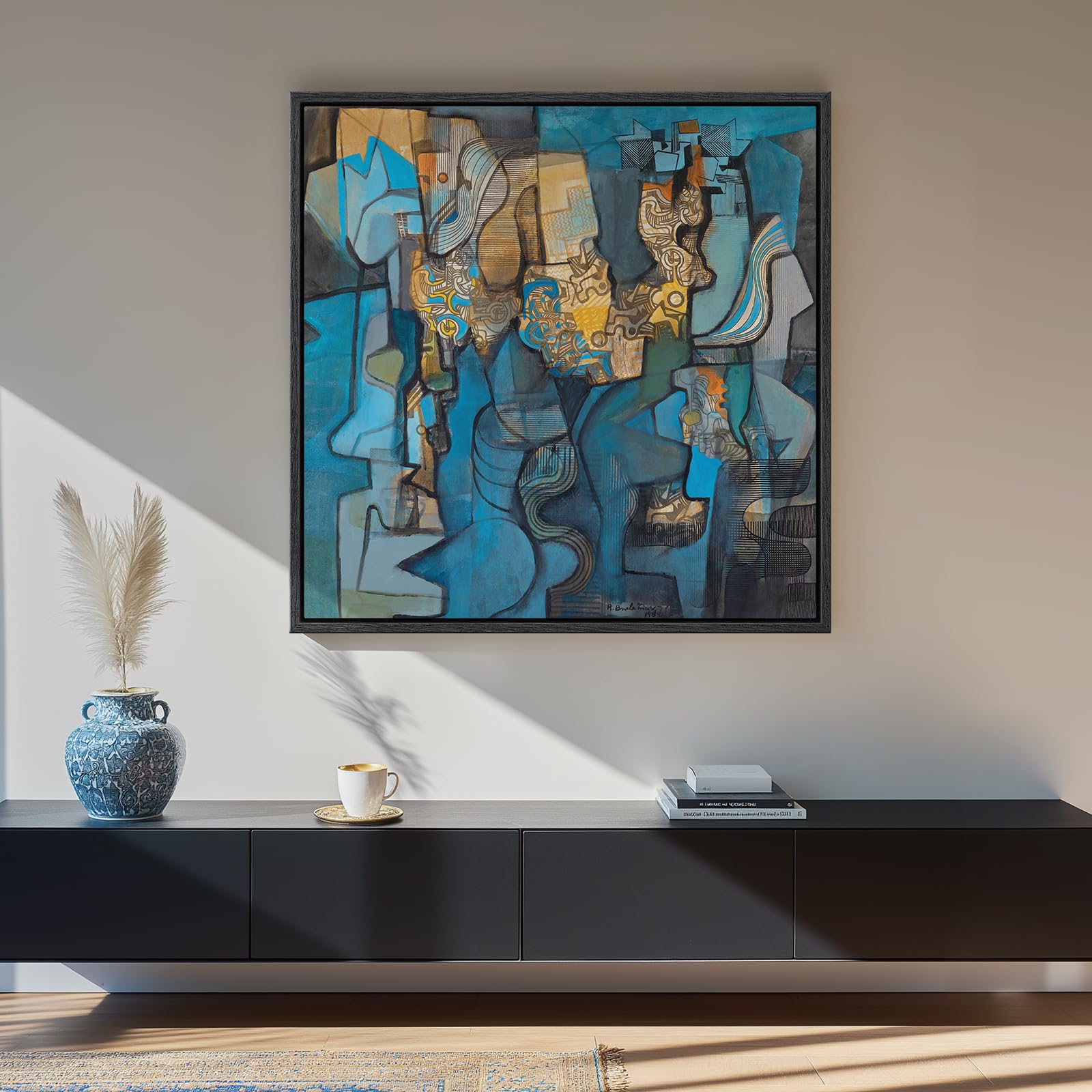 Large Framed Blue Modern Abstract Wall Art for Living Room, Canvas Paintings Artwork for Walls, Minimalist Art Prints Pictures for Hallway Bedroom Office Wall Decor -30x30 Inch