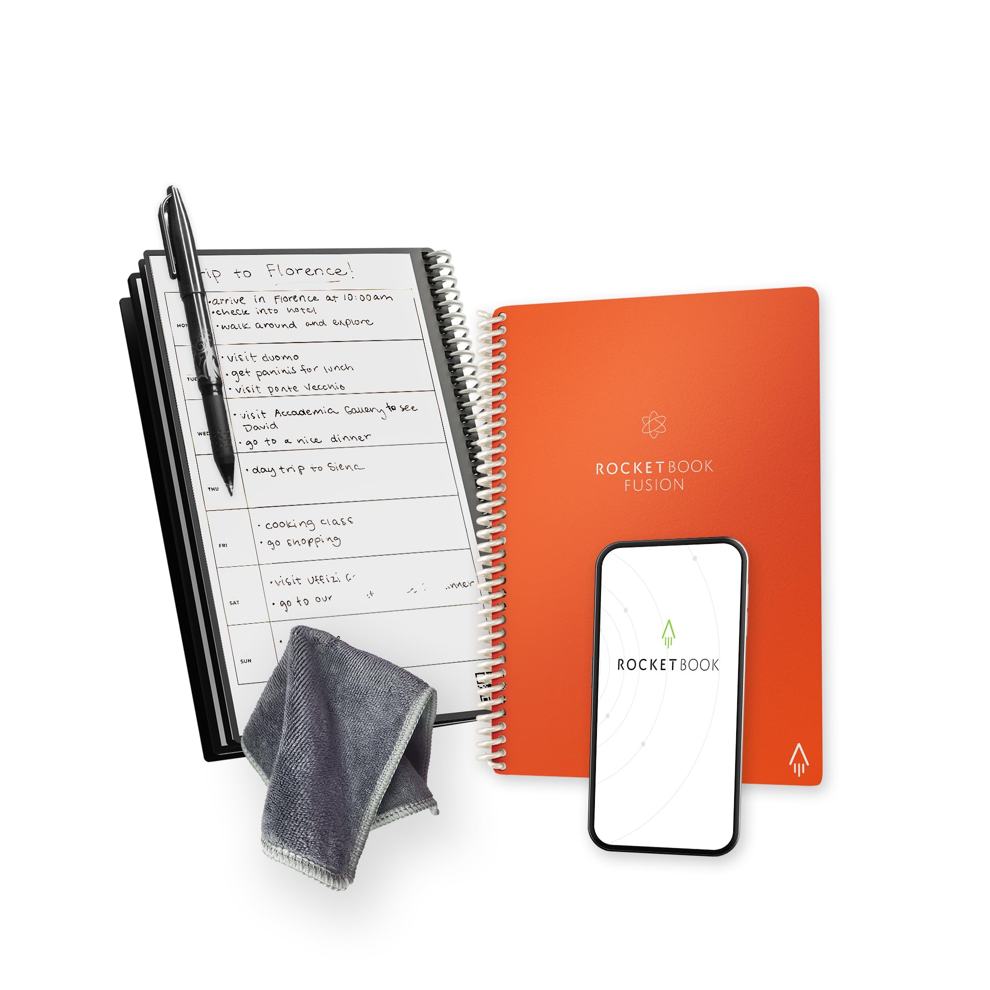 Rocketbook Fusion Smart Reusable Notebook - Calendar, To-Do Lists, and Note Template Pages with 1 Pilot Frixion Pen Microfiber Cloth Included Beacon Orange Cover, Executive Size (15.2 cm x 22.4 cm)