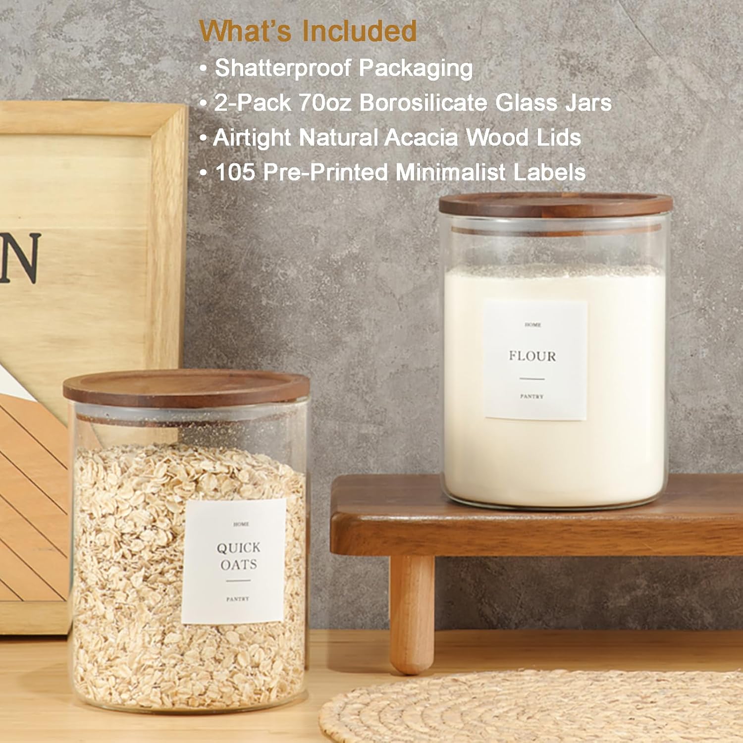 2 Pack Glass Rice Containers with Acacia Wood Lids, 70oz Airtight Flour and Sugar Jars with 105 Labels, Large Glass Pantry Storage Jars for Cereal, Protein Powder, Cookies, Dry Food