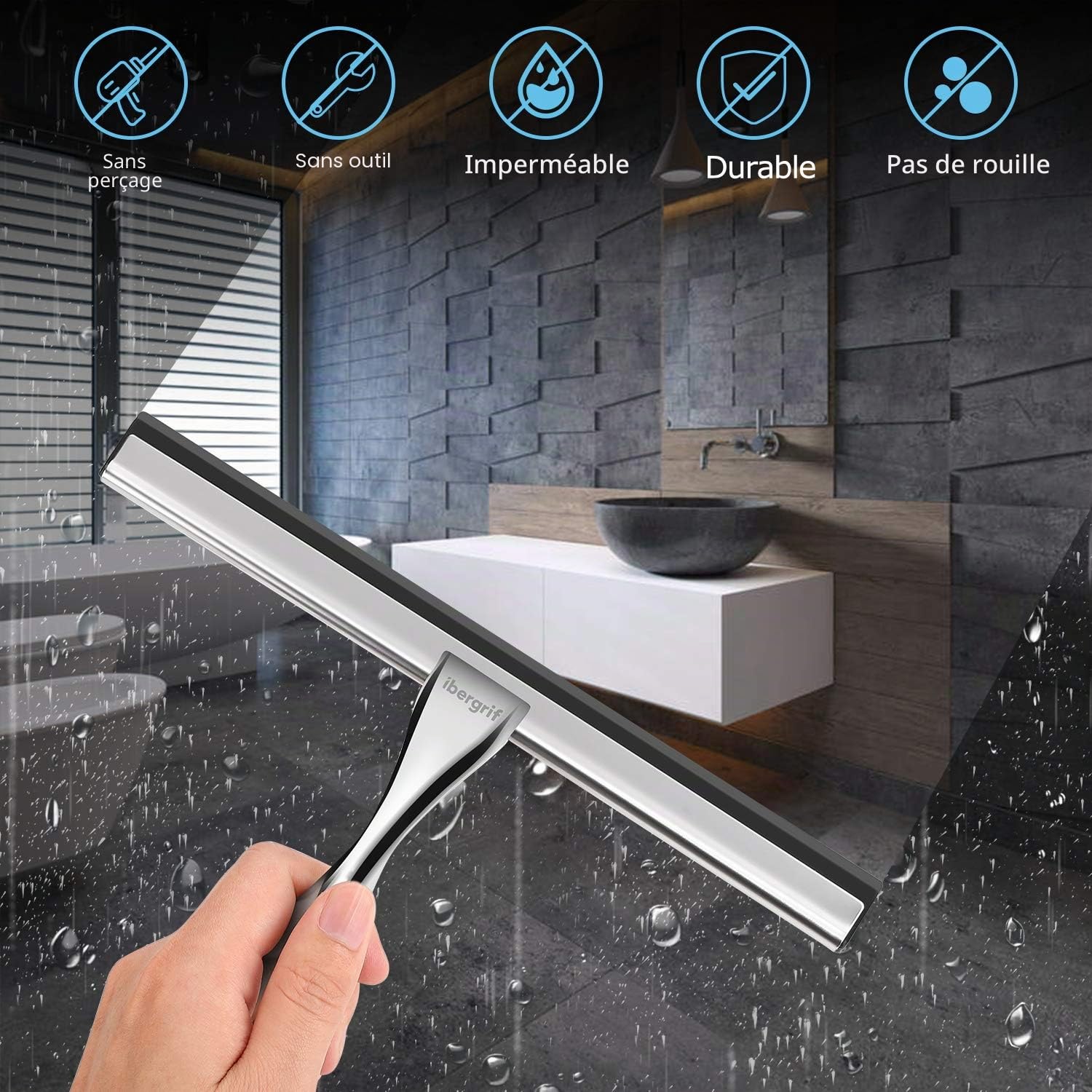 Ibergrif M34101 Raclette de Douche Acier Crochet Mural Essuie-Glace Salle de Bain Auto-Adhésif
