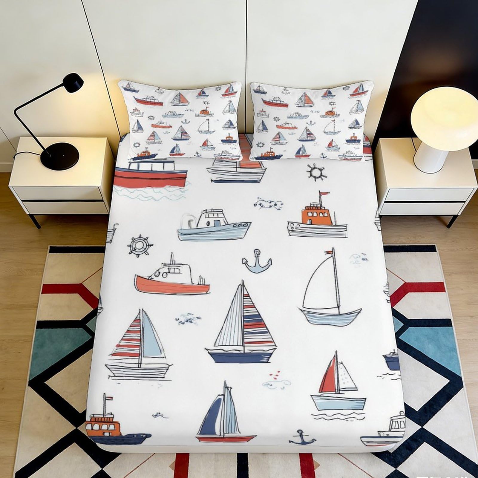 3D Printed Nautical Sailboat Fitted Sheet Microfiber Soft Breathable Anchor Boat Bed Cover for Bedroom Guest Room Decor 90x200x25cm