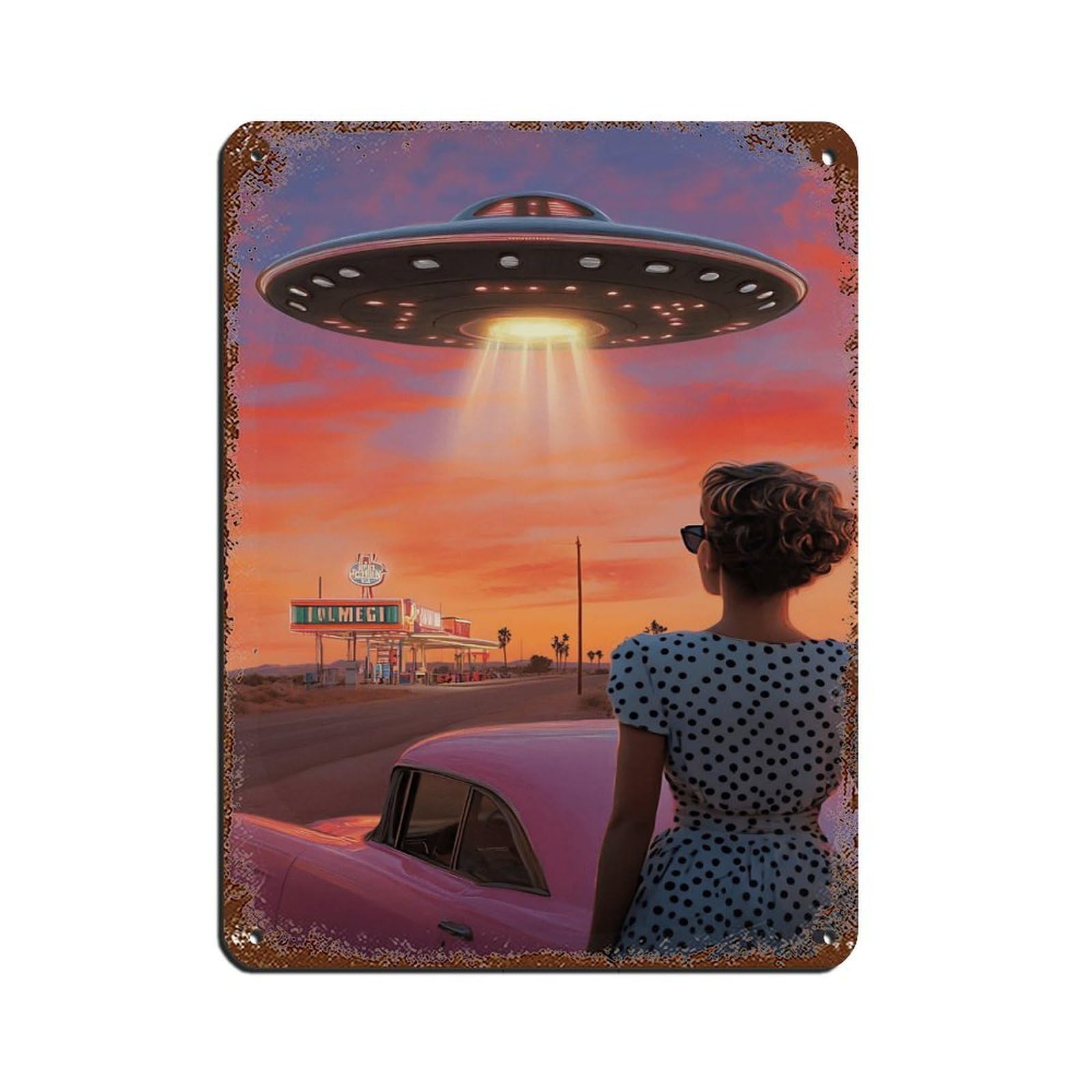 Retro UFO Diner Scene,Sci-Fi Wall Decor Retro Poster Metal Tin Sign Chic Art Retro Iron Painting Bar People Cave Cafe Family Garage Poster Wall Decoration 12x16inch(30x40cm)