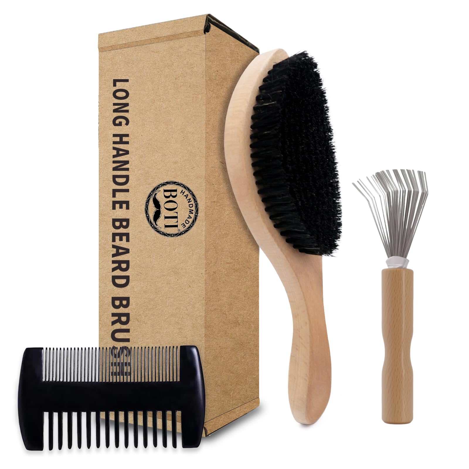 Boti Long Handle Beard Brush with Syntnetic Hair for Grooming Styling, Handmade Wood Handle, Perfect for Styling and Grooming of Hair and Beards, Beard Mustache Brush