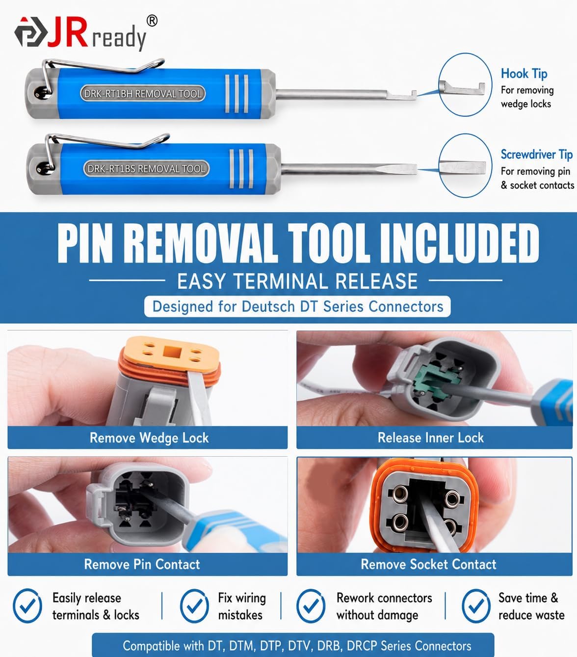 JRready 2 Pin Deutsch DT Connector Kit 10 Sets with Pin Removal Tool and Mounting Clips, Size 16 Stamped Contacts 14-18 AWG, Gray Waterproof Automotive Electrical Wire Harness Repair Set, ST6327-201