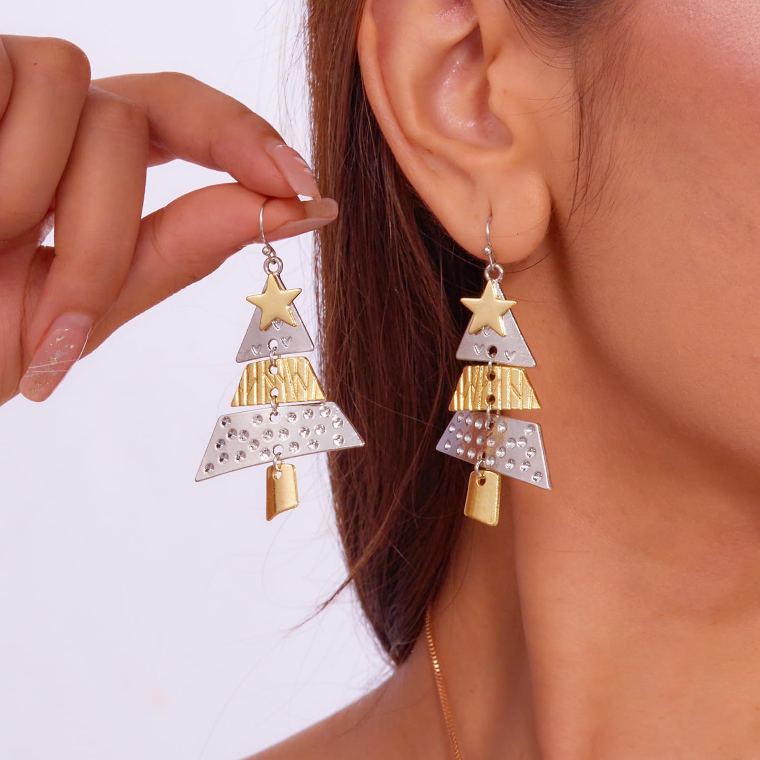 Christmas Tree Earrings for Women Two-Tone Dangle Drop with Star Lightweight Holiday Hook Earrings Festive Statement Jewelry Gift - Image 3