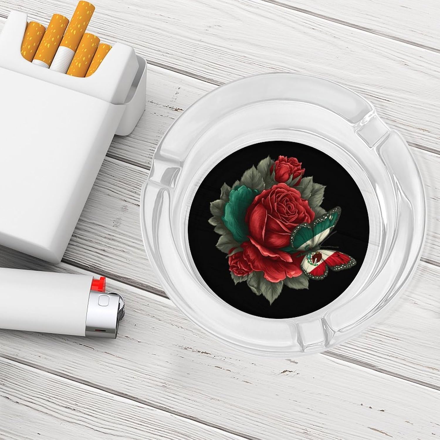 Mexican Flag Butterfly Rose Round Glass Ashtray for Cigarettes | Portable Cigars Glass Ash Tray Holder for Home Office Tabletop Decor