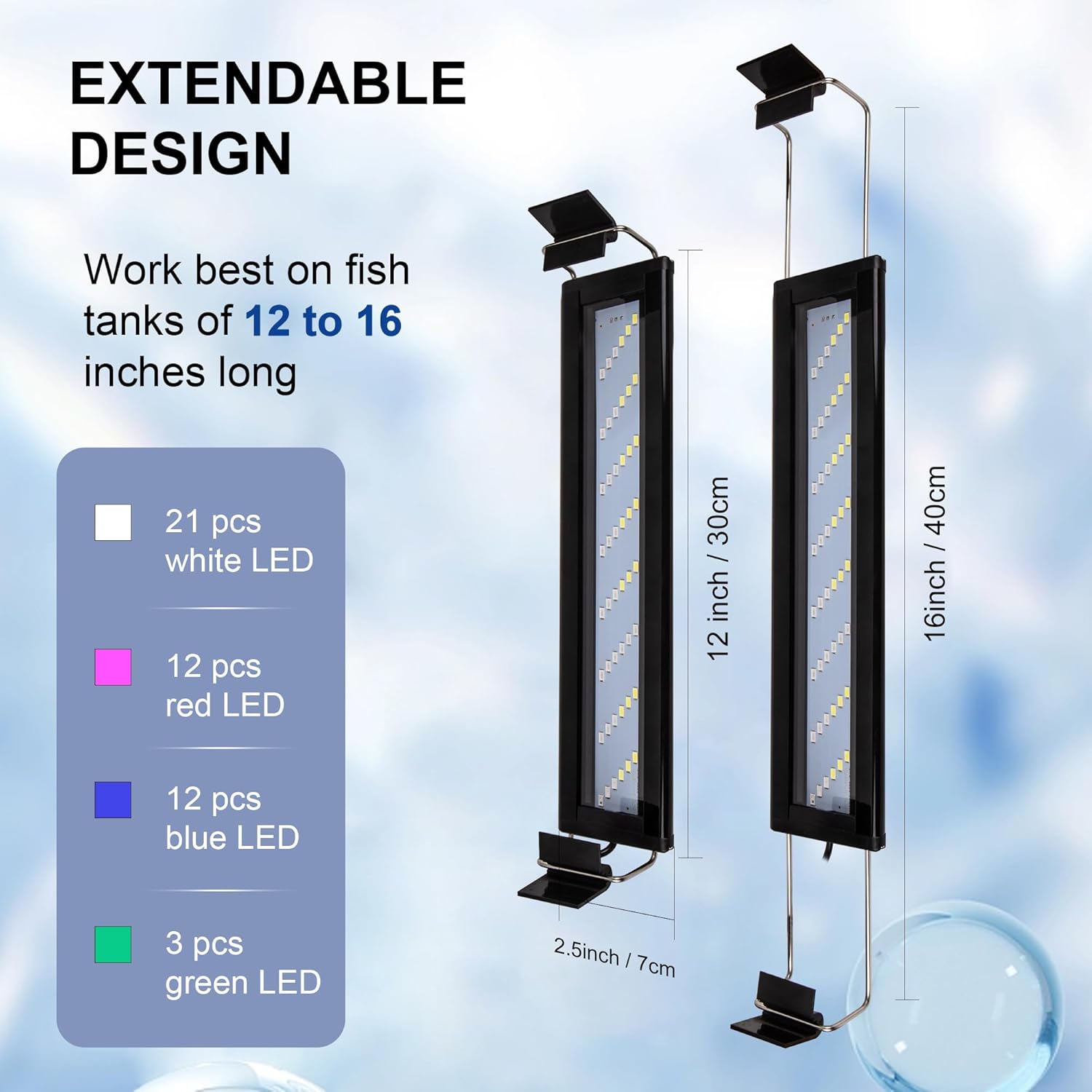Led Aquarium Light, Full Spectrum Fish Tank Lights, Small 5/10 Gallon Freshwater Fishtank Hood Lighting for Grow Fish, Plants, Adjustable from 12 to 16 Inch 12-16 IN