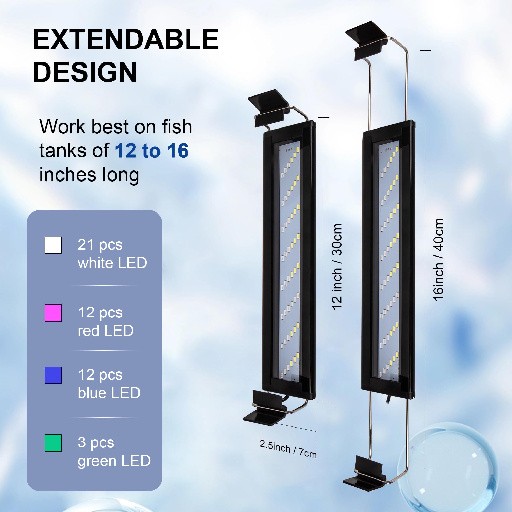 Led Aquarium Light, Full Spectrum Fish Tank Lights, Small 5/10 Gallon Freshwater Fishtank Hood Lighting for Grow Fish, Plants, Adjustable from 12 to 16 Inch