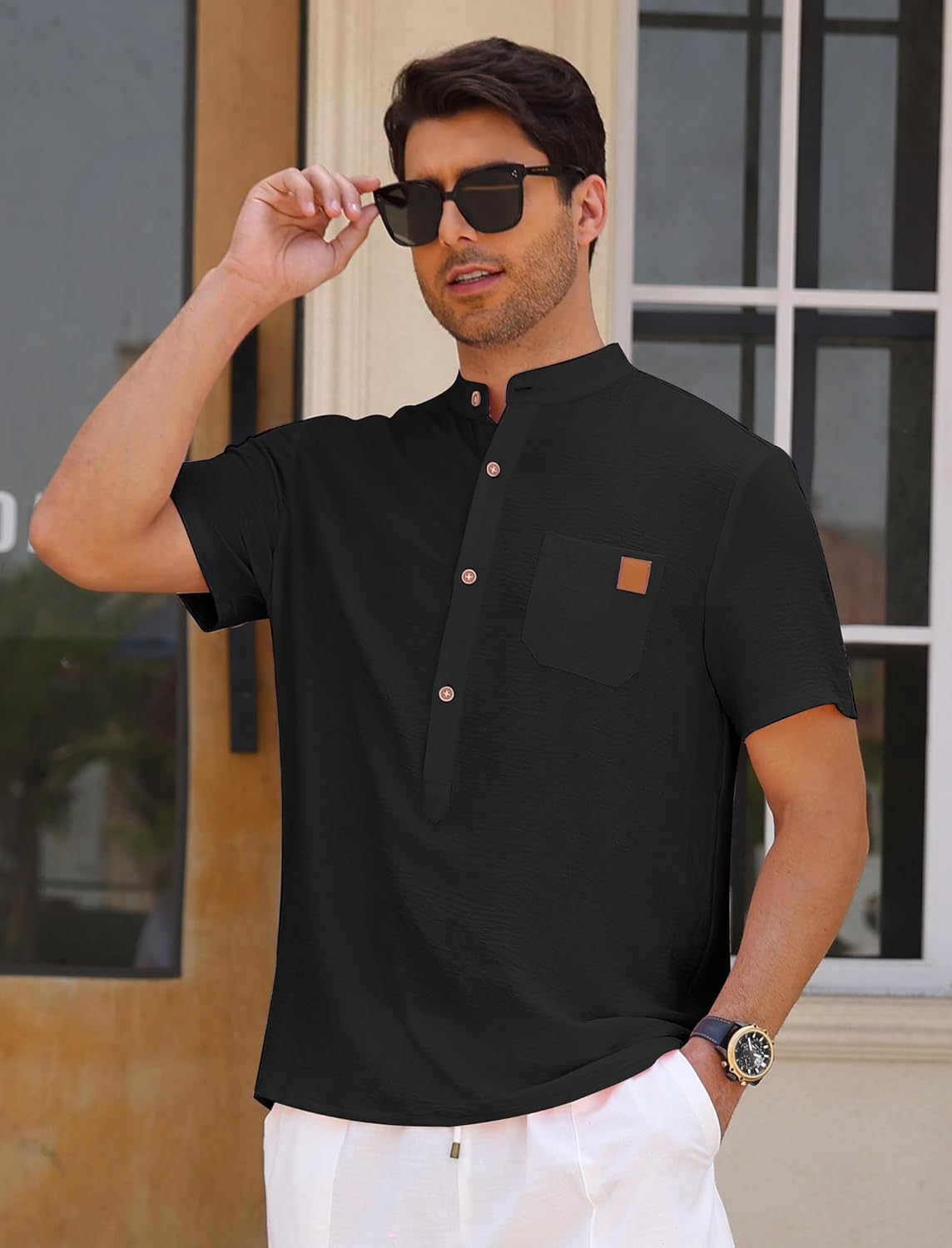 OLEMEK Men's Henley Shirts Band Collar Short Sleeve Casual Basic Tee Summer Button Henley Soild T Shirt with Pocket - Image 3