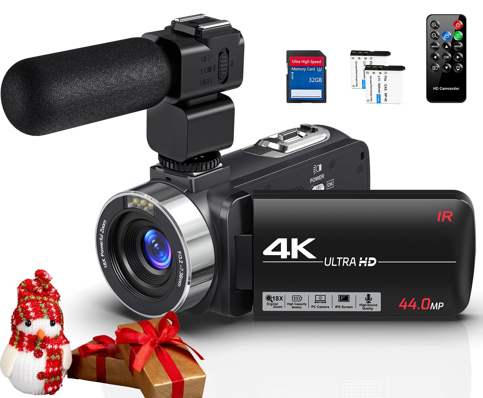 Amazon | ビデオカメラ 4K 44MP YouTubeカメラ 外部MIC-INをサポート 