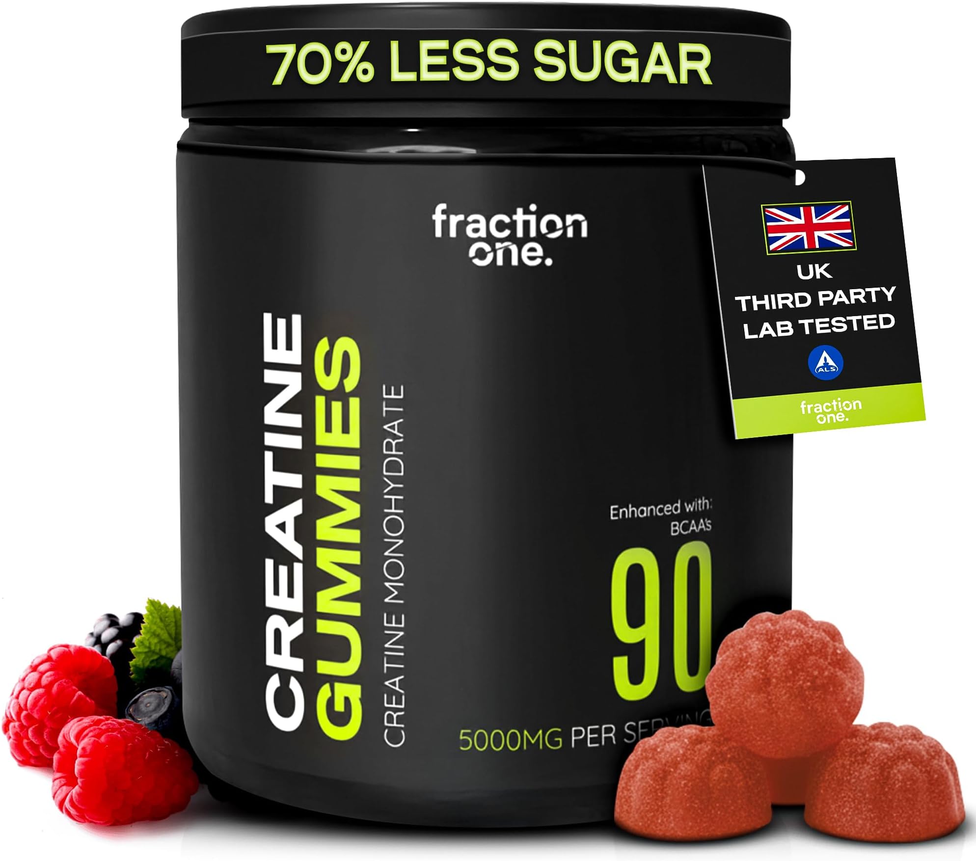 Fraction One Creatine Monohydrate 90 Gummies โ Lab Verified, UK 3rd Party Tested, 30 Days Supply - 5000mg with BCAAโs per Serving, Pre-Workout Support, Muscle Recovery, Gym Supplement for Men/Women