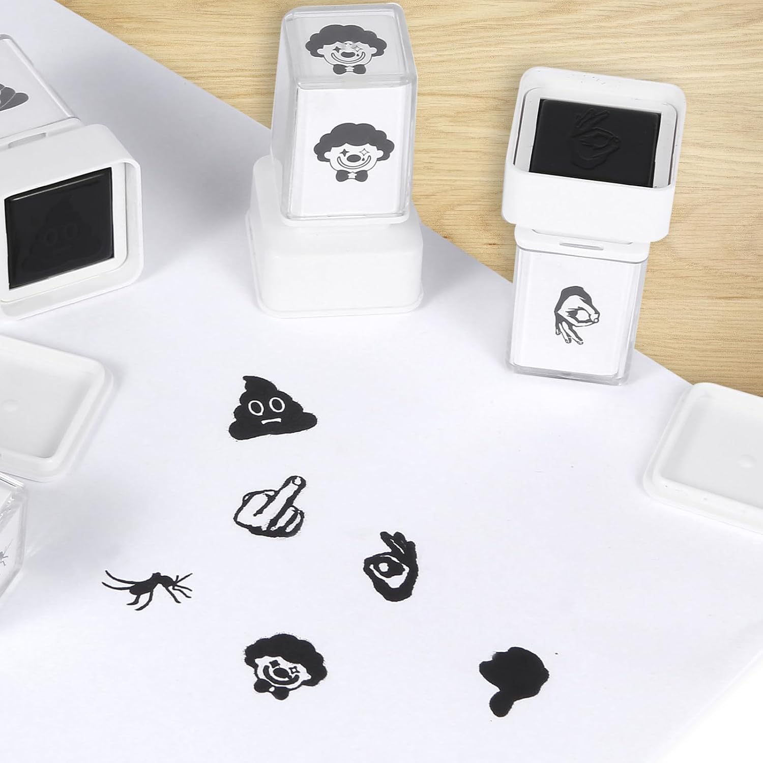 Funny Emotion Stamps Set - Pile of Poo, Mosquito, Check & Clown Face Self-Inking Rubber Stamp, Happy Face Ink Stamper for Books & Carnival image 4