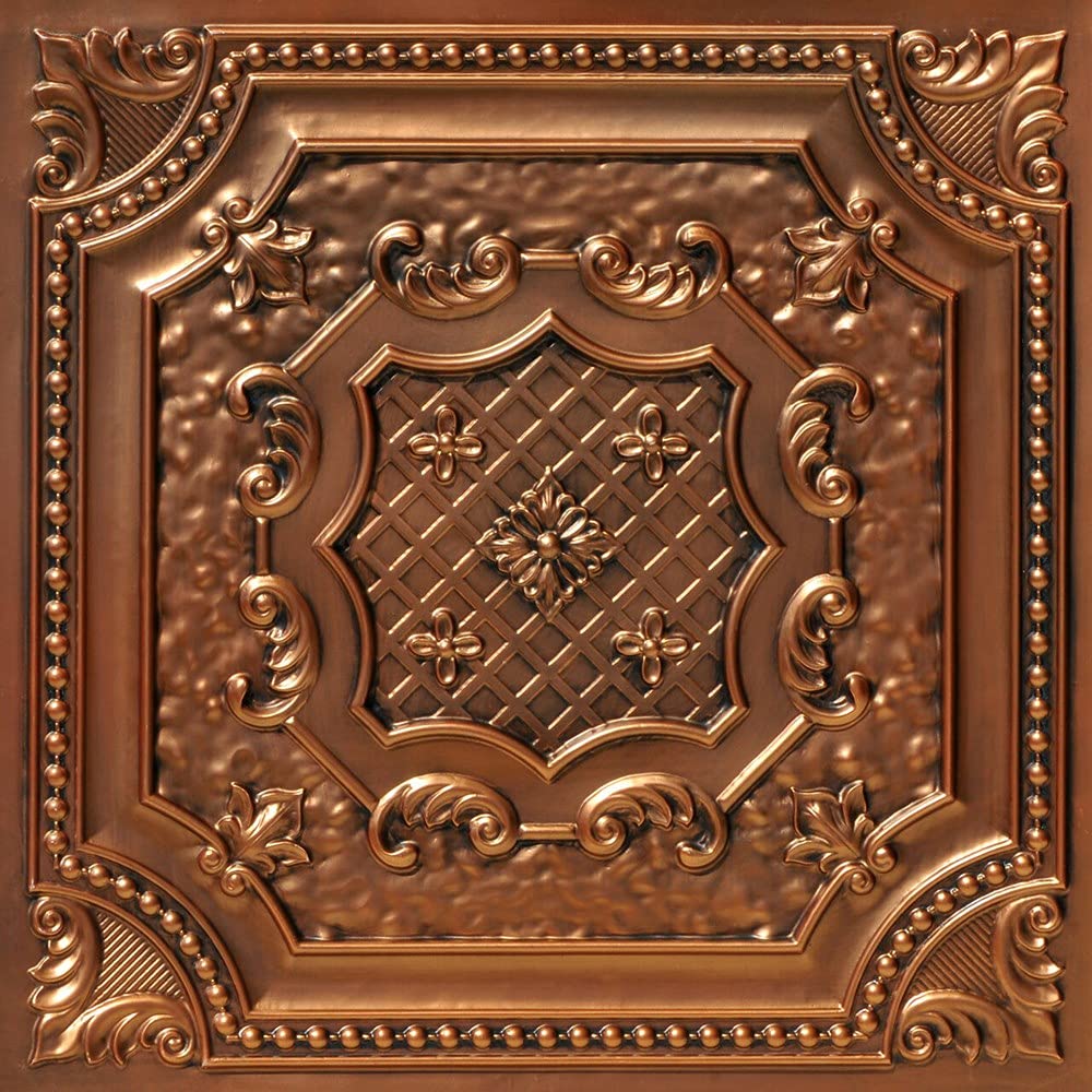 From Plain To Beautiful In Hours DCT04 Elizabethan Shield PVC 2' x 2' Lay-in or Glue-up Ceiling Tile, Pack of 10, Aged Copper, 10 Piece