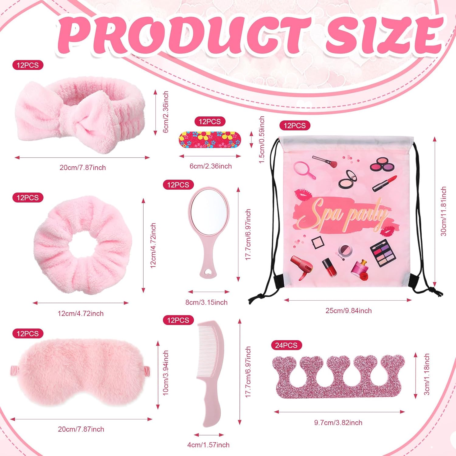 Janinka 108 Pcs Spa Party Supplies Sleepover Essentials, Including Pink Headband, Scrunchies, Eye Mask, Nail File, Toe Separator, Comb, Mirror, Drawstring Bag for Slumber Party