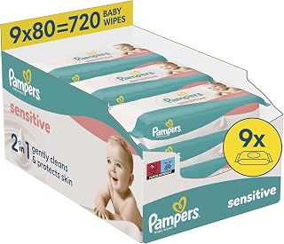 Pampers Sensitive Lingettes Bébé x720 | 9 Paquets De 80 Lingettes Bébé. 720 Lingettes. 2 En 1 Nettoie Délicatement Et Prot...