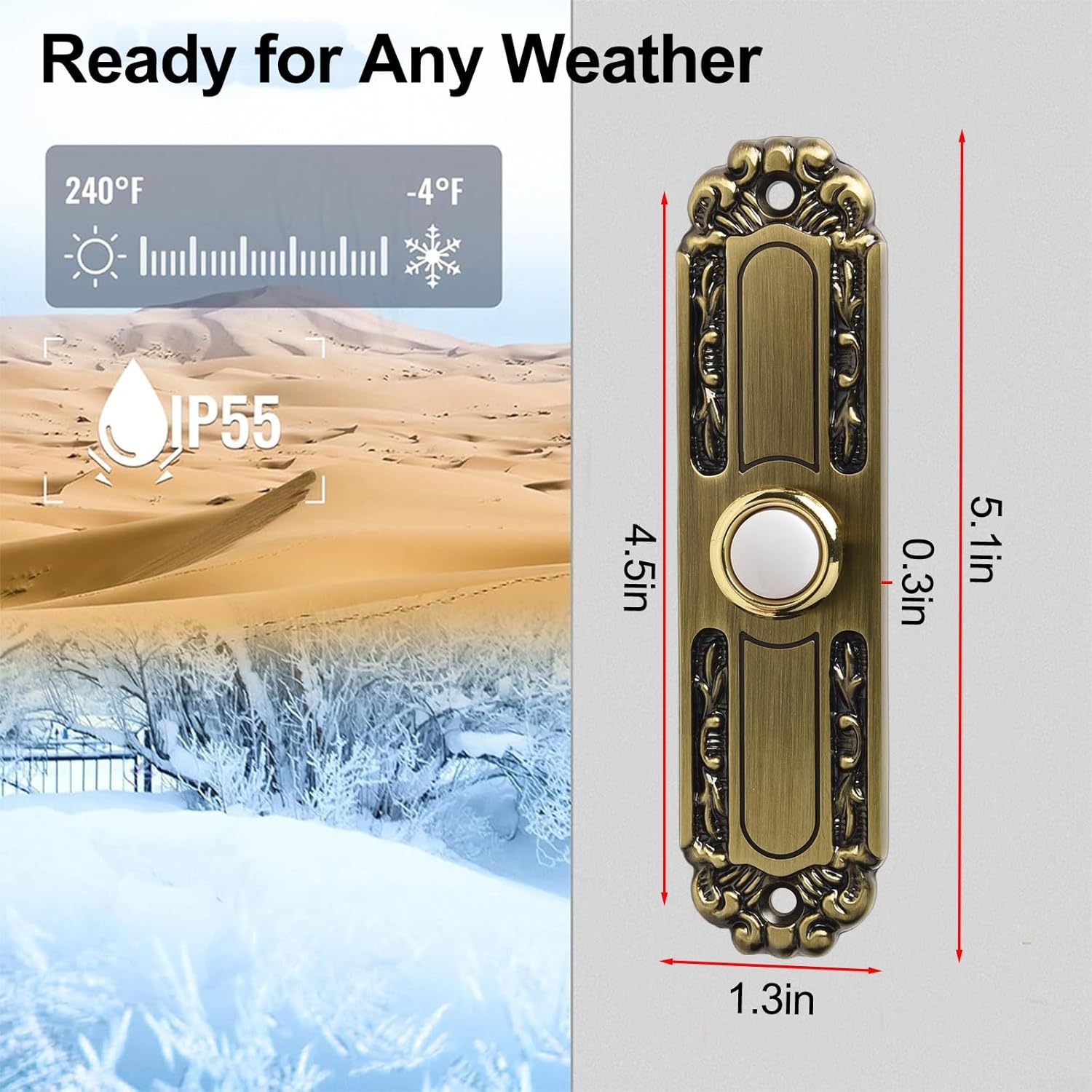 Antique Bronze Doorbell Push Button with LED Light 5 Inch Waterproof Metal Wired Doorbell Button for Front Door Back Door Temperature Resistant 8-24V Compatible