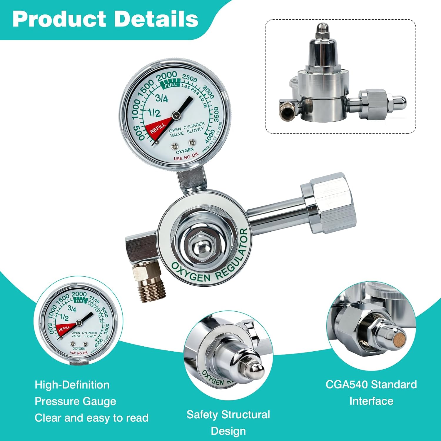 M1-540-P Oxygen Regulator, M1 Series Preset Pressure O2 Regulator for Oxygen Concentrator & Tank, CGA540 Nut/Nipple Inlet, 3000 PSI, Chrome Brass Body
