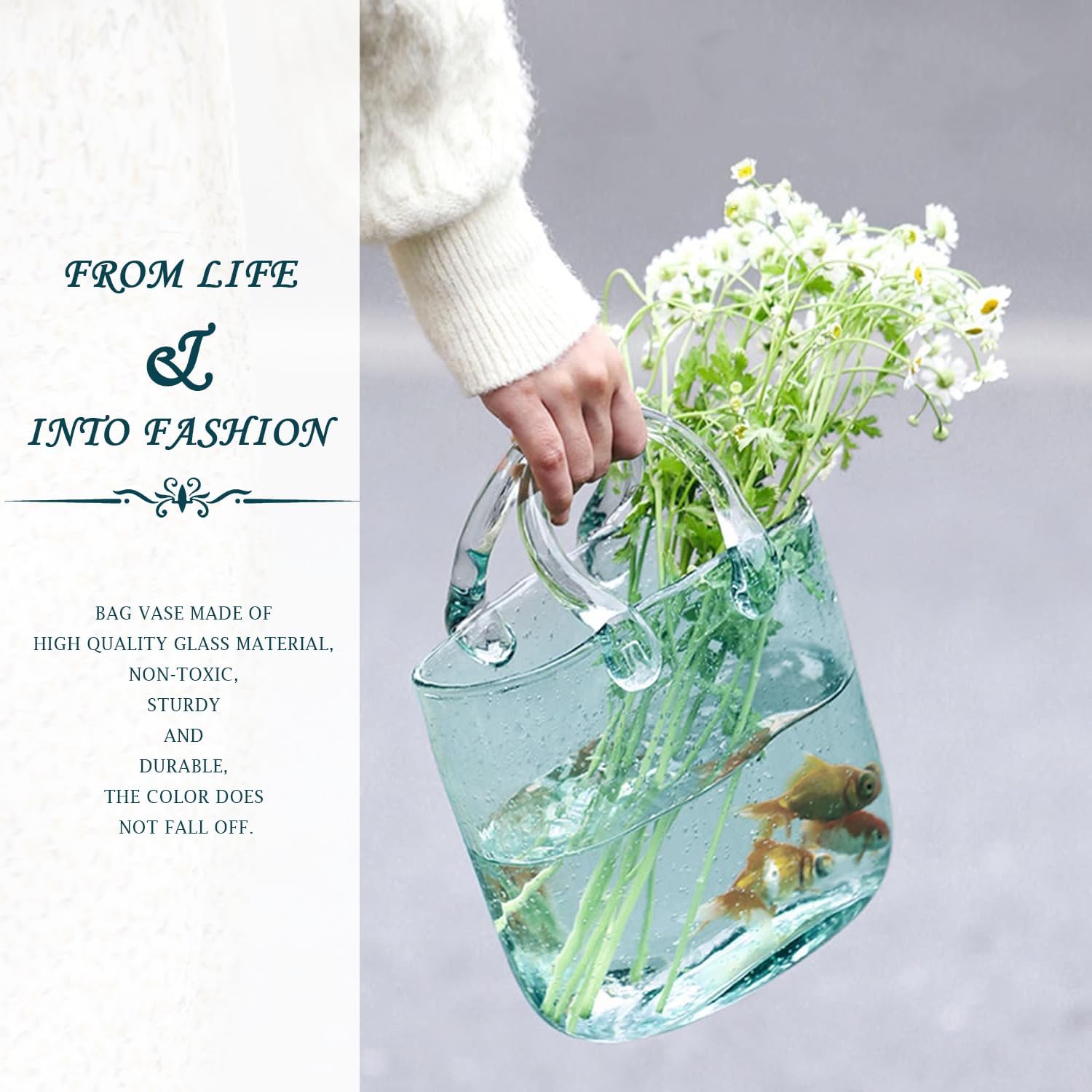 Glass Vase for Flowers Unique Flower Vase with Bubble Fish Bowl Vase Handmade Handbag Clear Glass Vase for Fish Bowl Home Wedding Decor (Blue)