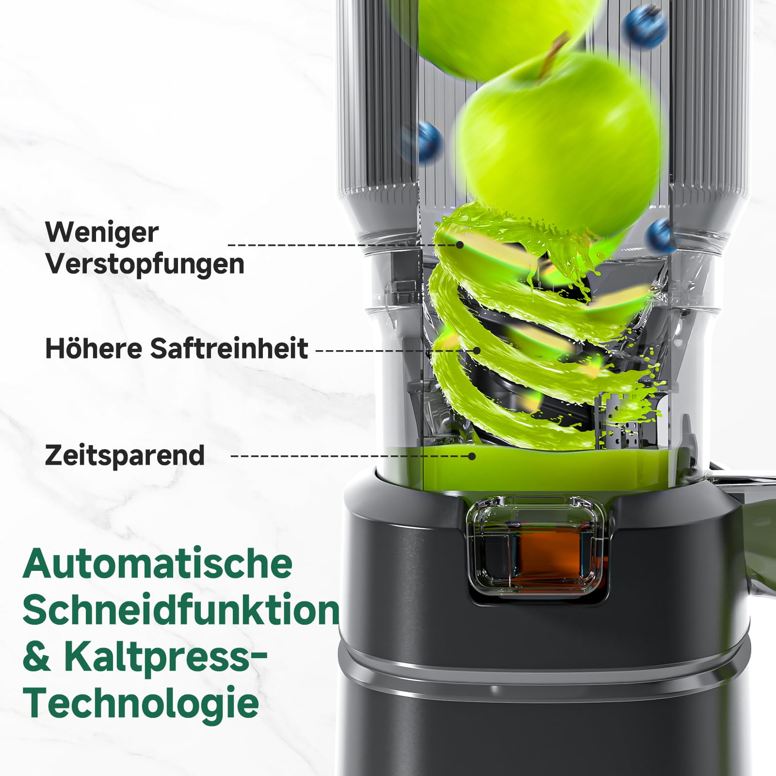 AMZCHEF 250W Automatischer All-In-One Entsafter, 150MM Öffnung, 2L Kaltpress Slow Juicer mit Dreifachem Filter - Schwarz