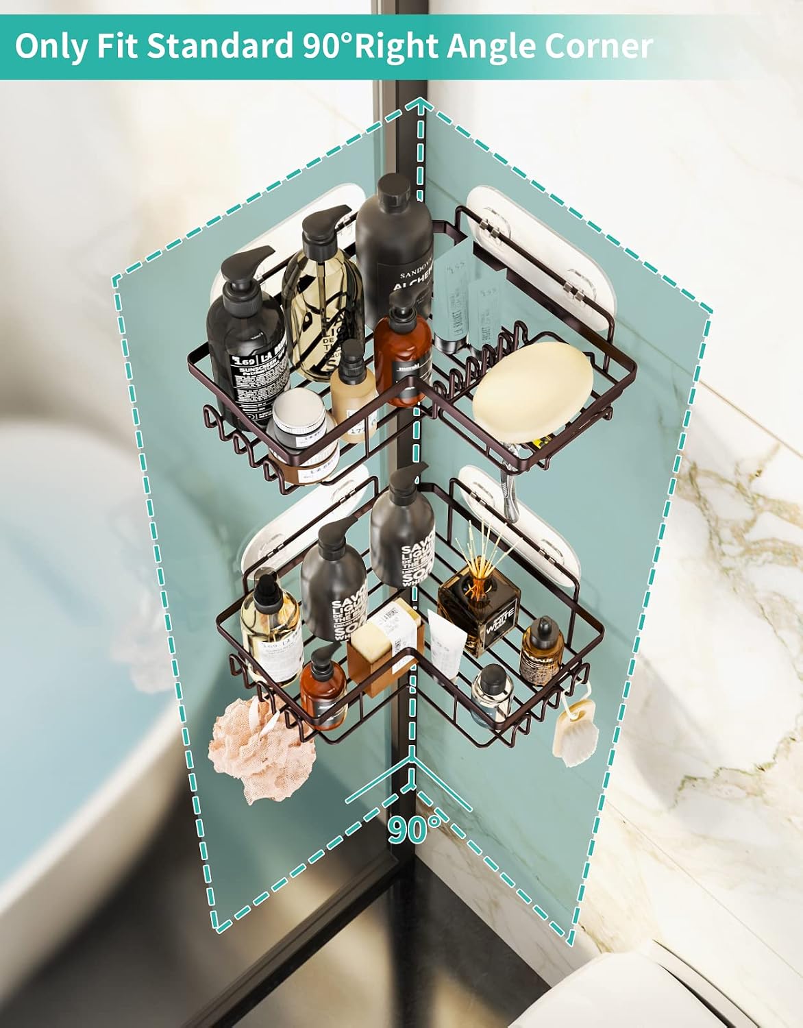 HapiRm 2-Pack Corner Shower Caddy with Soap Holder, No Drilling Shower Organizer Corner with 11 Hooks, Waterproof and Rustproof Stainless Steel Shower Shelf for Bathroom-Bronze
