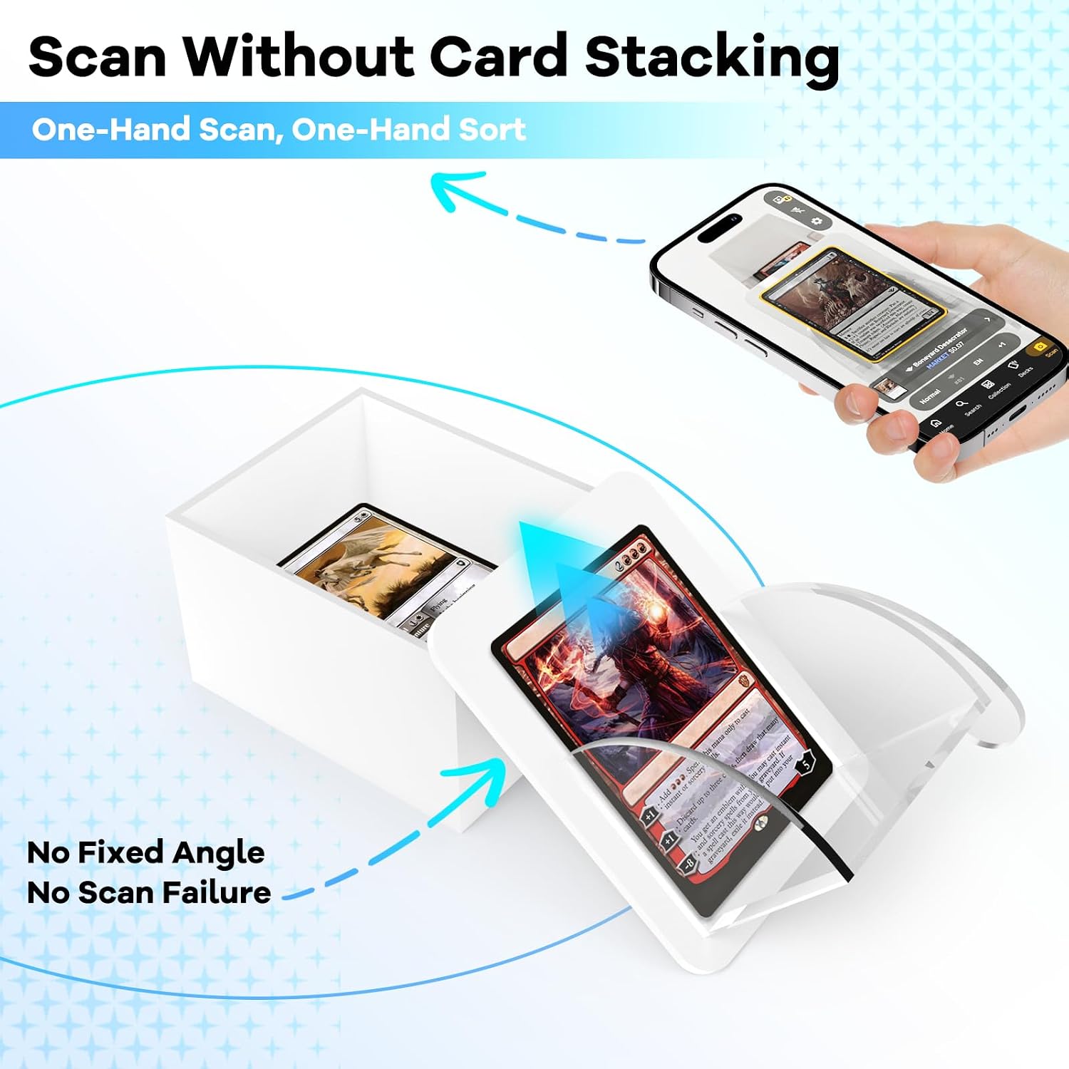 TCG Card Scanner Stand - Free-Angle MTG Card Scanning Holder with Storage Box, One-Hand Operation Accessory for ManaBox & TCGplayer, Compatible with Sleeved & Unsleeved Trading Cards