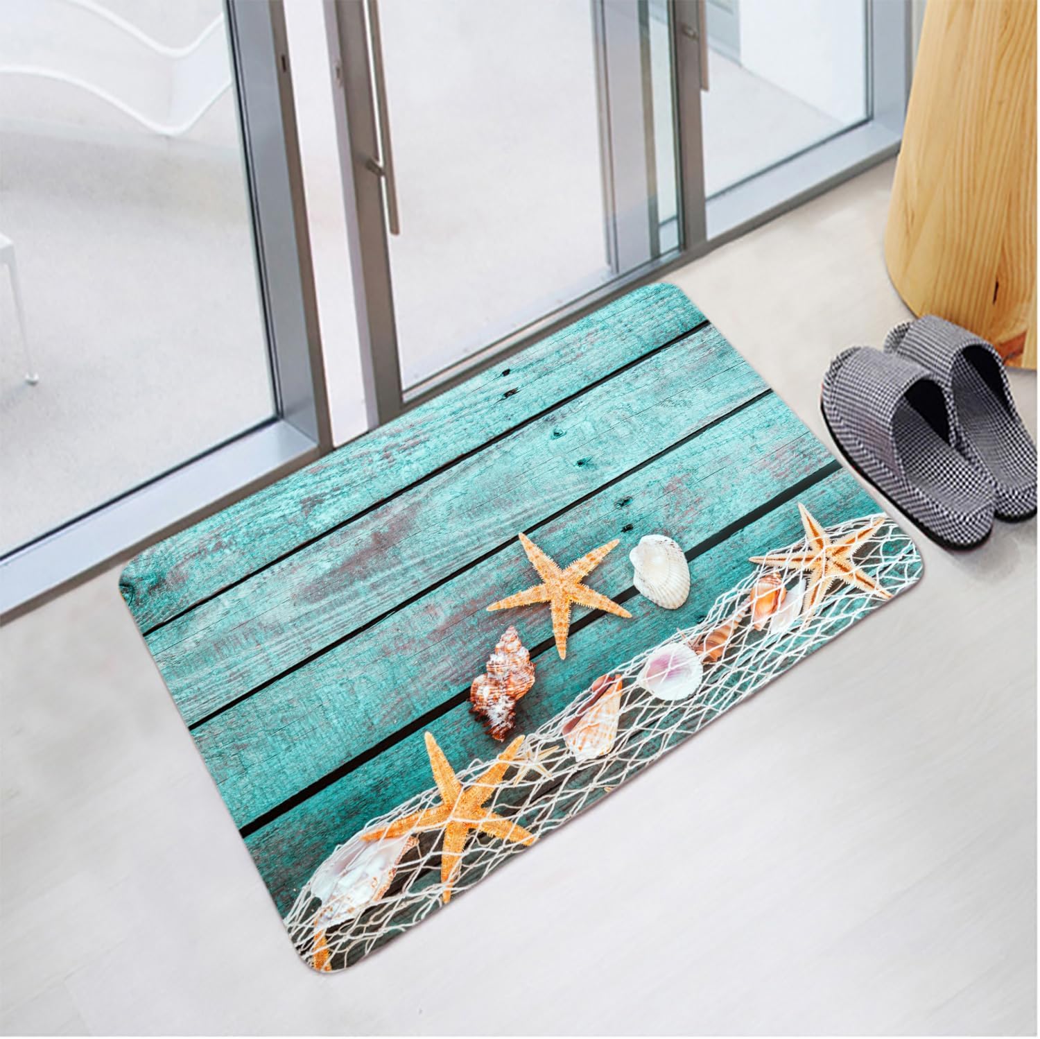 LYFANS Bathroom and Kitchen Sponge Foam Absorbent Soft Bath Blanket (21x35.5 inches) Non-Slip Bright 3D Printed with Flannel Pad for Bedside and Living Room (Starfish on Blue Wood Board)