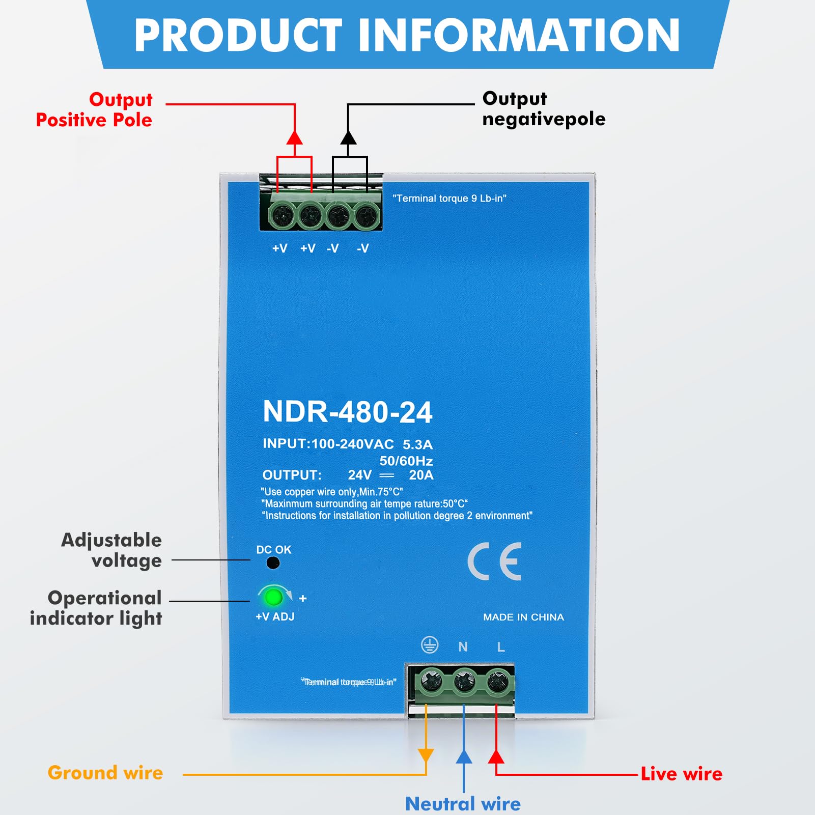 Fuente alimentacion 24V carril din de 480W Transformador 220v a 24v Entrada CA 100-240V 5,3A Salida CC 24-v 20A Múltiples funciones de protección Modelo industrial NDR-480-24V.