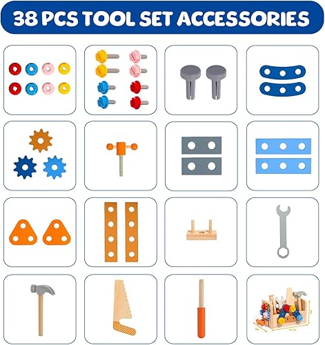 Miniatura 2 de Juego de herramientas de madera para niños  38 piezas de juguetes educativos STEM Montessori para niños de 2 a 4 años, 1 a 3, regalos de aprendizaje