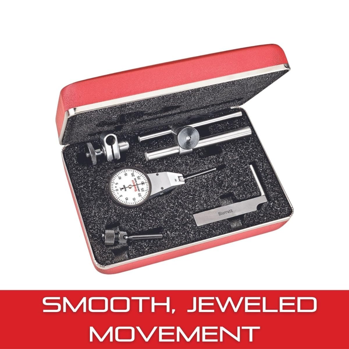 Starrett 811 Series Dial Indicator with Swivel Head and Attachments - White Face, .060" Range, 0-30-0 Dial Reading, .001" Graduation - 811-1CZ