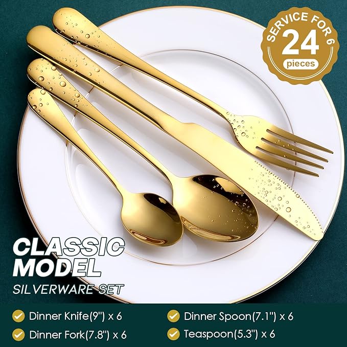 Gold Silverware Set, OGORI 24-Piece Stainless Steel Gold Flatware Set Service for 6