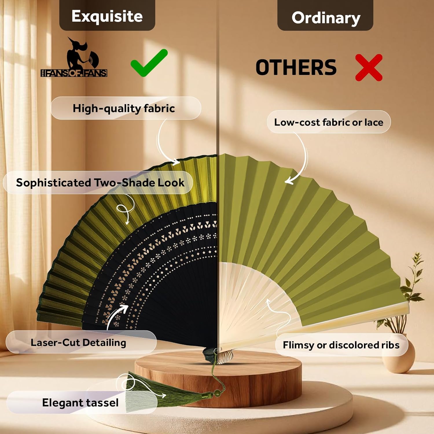 FANSOF.FANS Premium Silk Fabric Border Handheld Folding Fan with Grade A Bamboo Ribs for Women Girls Event Birthday Wedding Favour with Tassel (Olive Green)