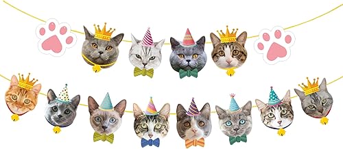 TSJ Cartel de cumpleaños de gato, pancarta de fiesta de cara de gato, decoración de banderines de fiesta temática de gatito para recuerdos de fiesta