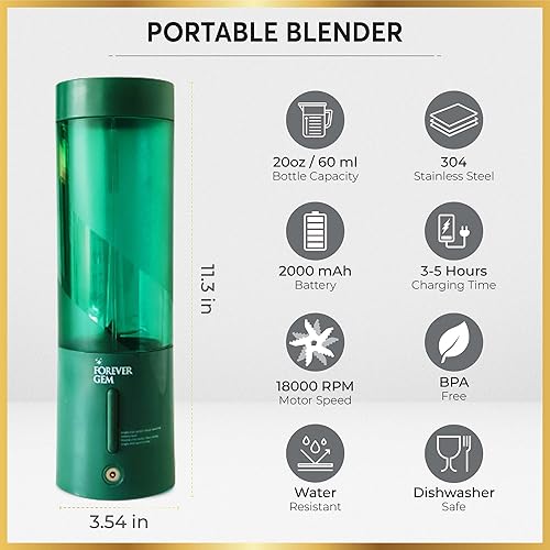 Miniatura 4 de FOREVER GEM Batidora portátil de mano para jugo, inalámbrico, recargable, recipiente de mezcla con capacidad para 2 tazas, hecho de PCTG de grado