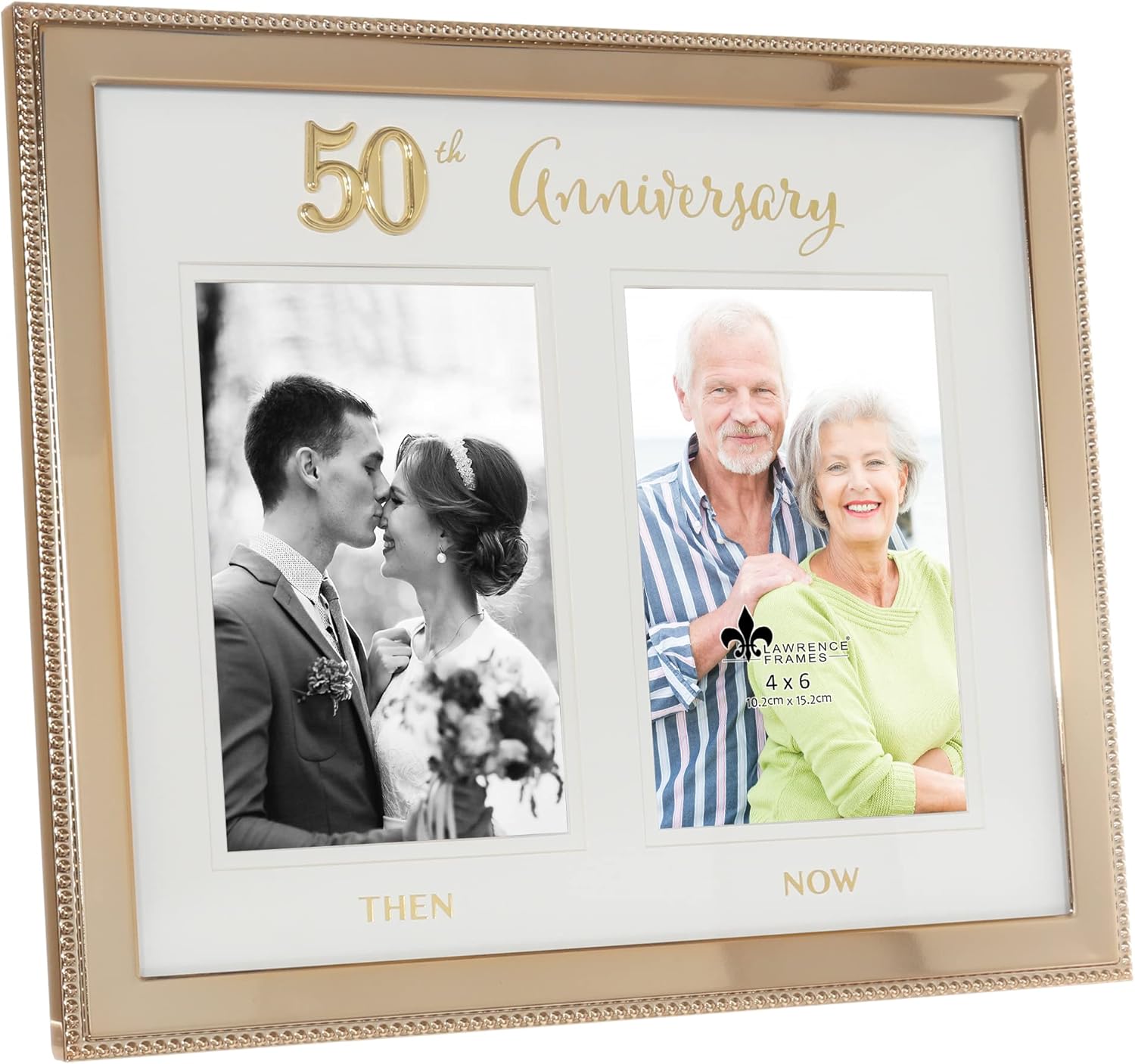4x6 Double Gold Beaded Metal 50th Anniversary Picture Frame, Then and Now