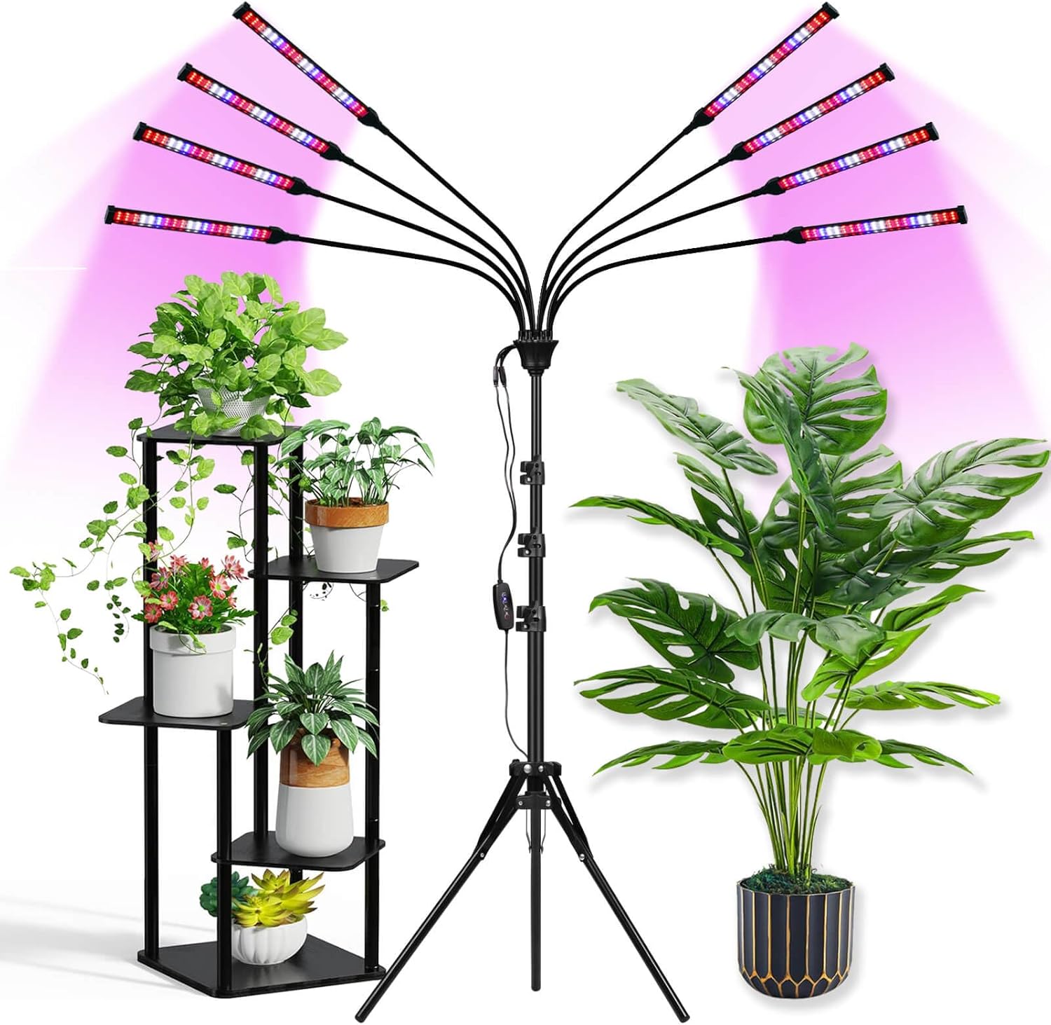 Grow Lights for Indoor Plants Full Spectrum with Stand and Timer, (Red+Blue+White) 8 Heads LED Plant Lights for Indoor Growing, Standing Floor House Plant Lamp for Seed Starting. 8- Branch