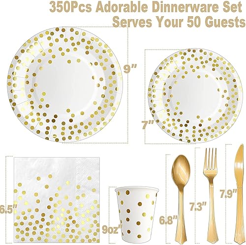 Miniatura 2 de AIRE 350 platos de fiesta blancos y dorados con 6 manteles de plástico blanco y dorado, 25 suministros desechables para fiesta, simplemente disfruta