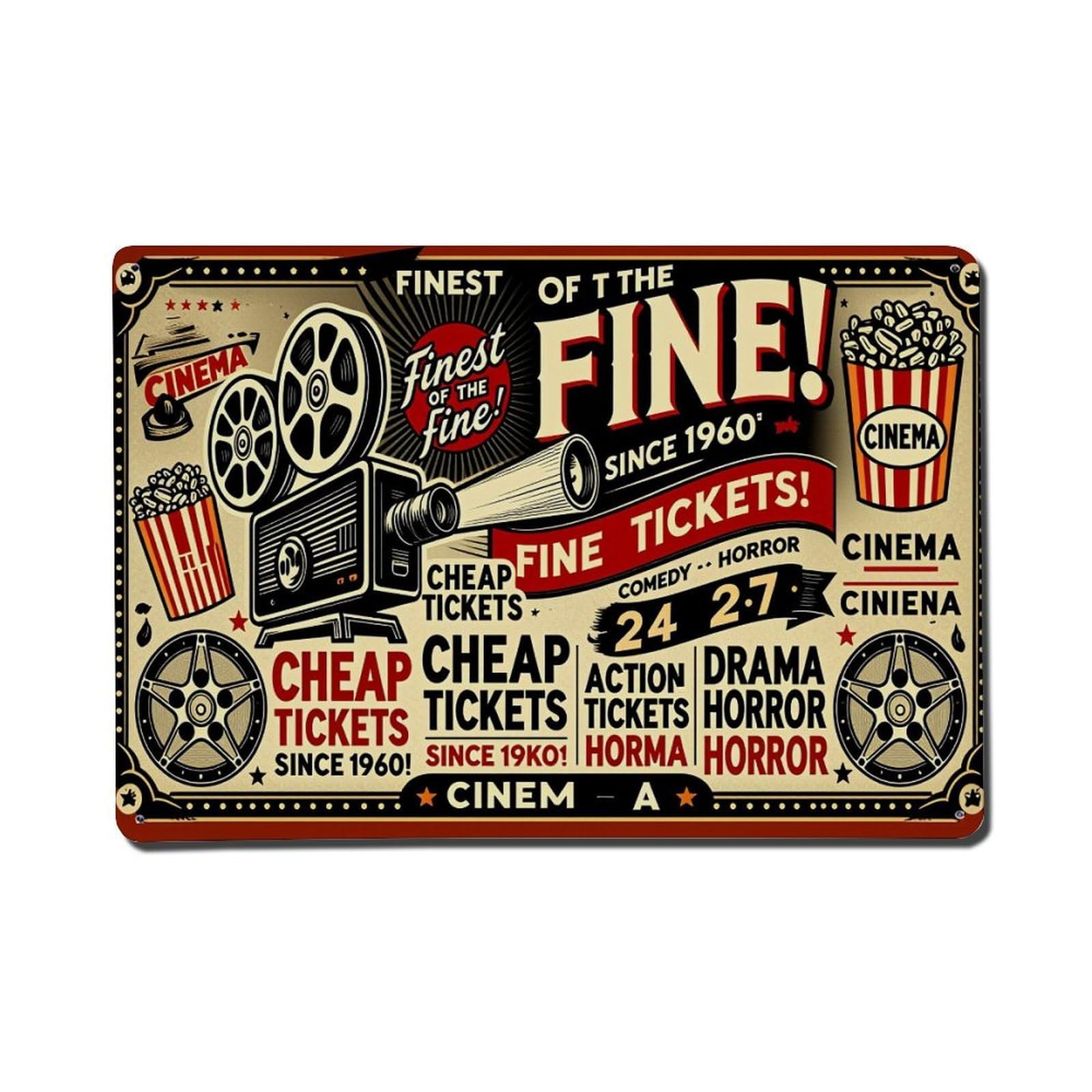Enderetf Vintage Cinema Popcorn Projector Tickets Horror Tin Sign Metal Poster, Home Bar Garage Man Cave Cafe Indoor & Outdoor Wall Decoration 8X12inches