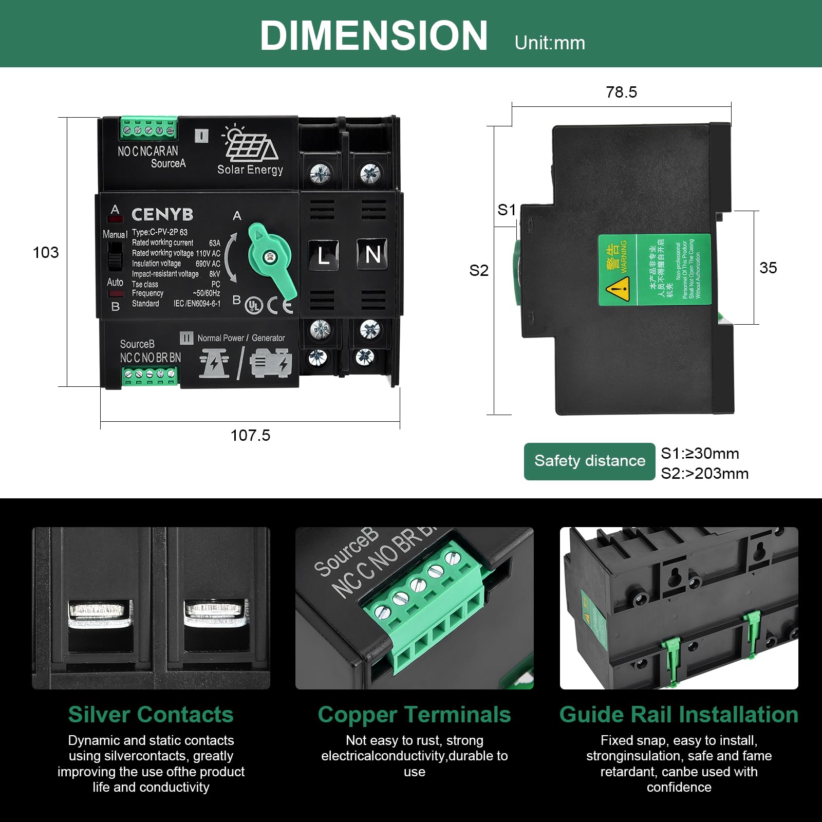 Wohnmobil PV Netzvorrangschalter 2P 100A 220V Auto/Manuell DIN Modul