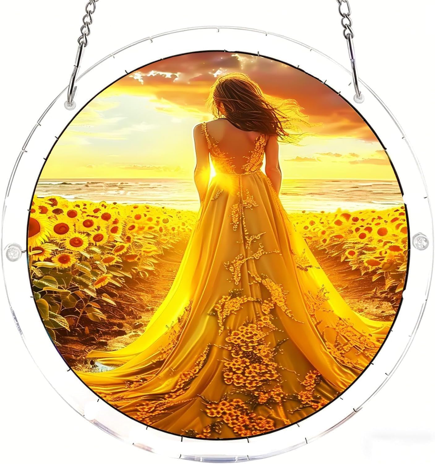 Sunflowers and a Beautiful Woman on The Beach Acrylic Jigsaw Puzzles Suncatcher, 7.4 Inch Window Hanging Suncatcher Acrylic Puzzle, DIY Home Decor Art Gift