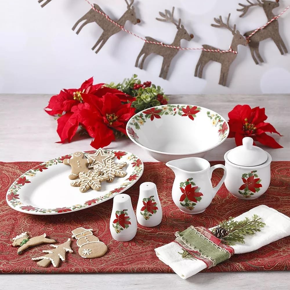 Poinsettia 7 Piece Porcelain Serving Set in Red – Christmas Dinnerware with Holiday Plates, Creamer & Sugar Bowl, Microwave & Dishwasher Safe