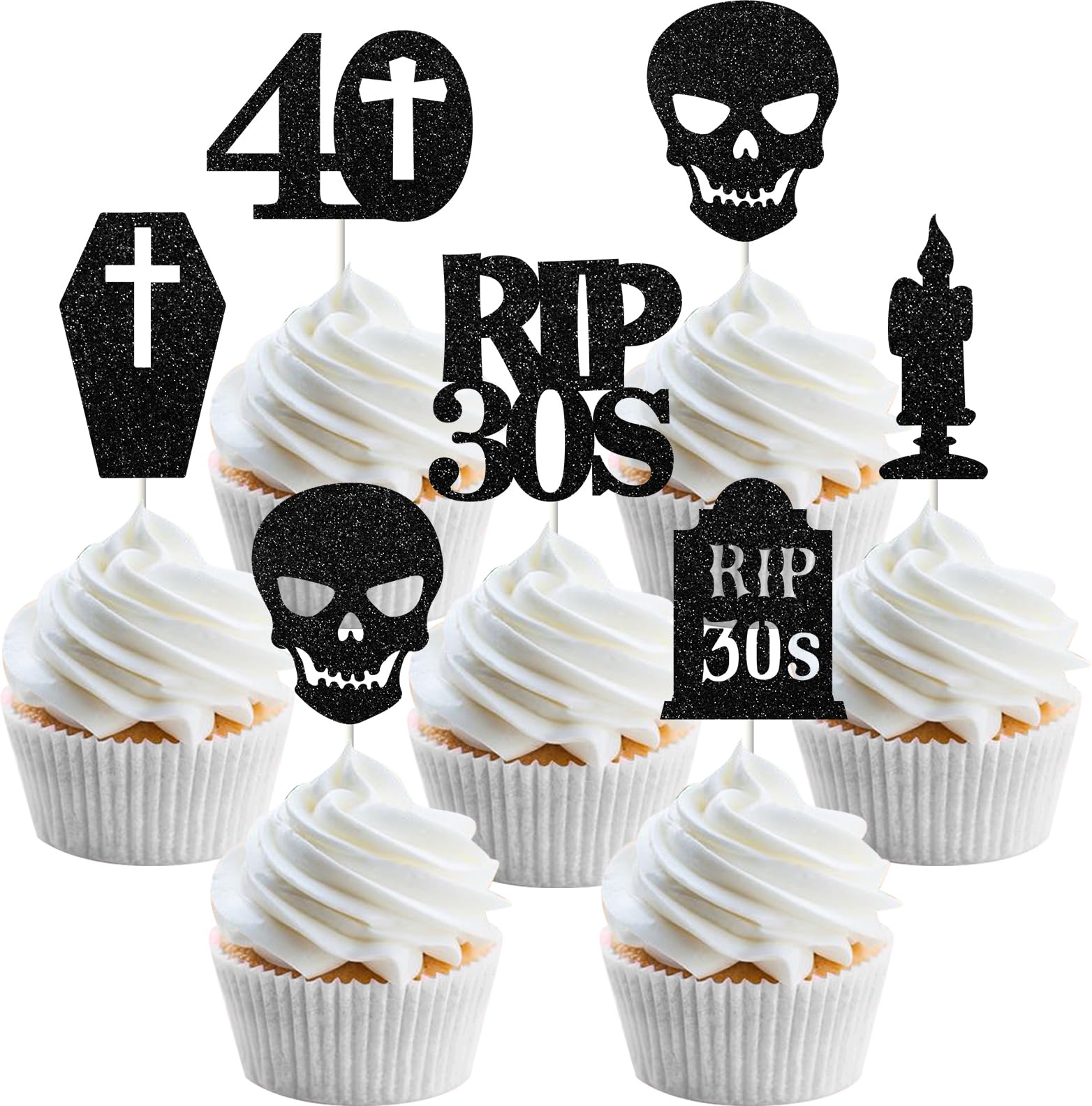 Gothic 40. Geburtstag Dekoration: 24x 'Rip 30s' Cupcake-Topper – Schwarzer Humor Für Die Party