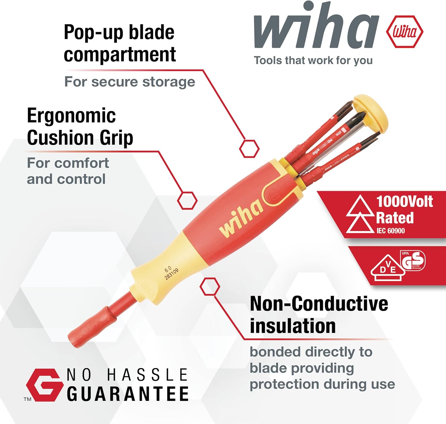 Wiha 28394 Insulated Slimline Ultra-Driver Blade Set – 7-Piece Slotted, Phillips, Square, Pop-Up Handle, 1,000V Safety Rated