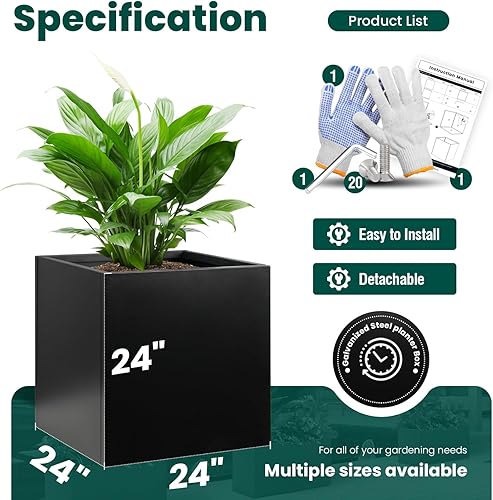 Miniatura 3 de Macetero de acero galvanizado, maceta de metal negro, maceta cuadrada grande para interiores y exteriores, maceta de acero resistente, 24 pulgadas,