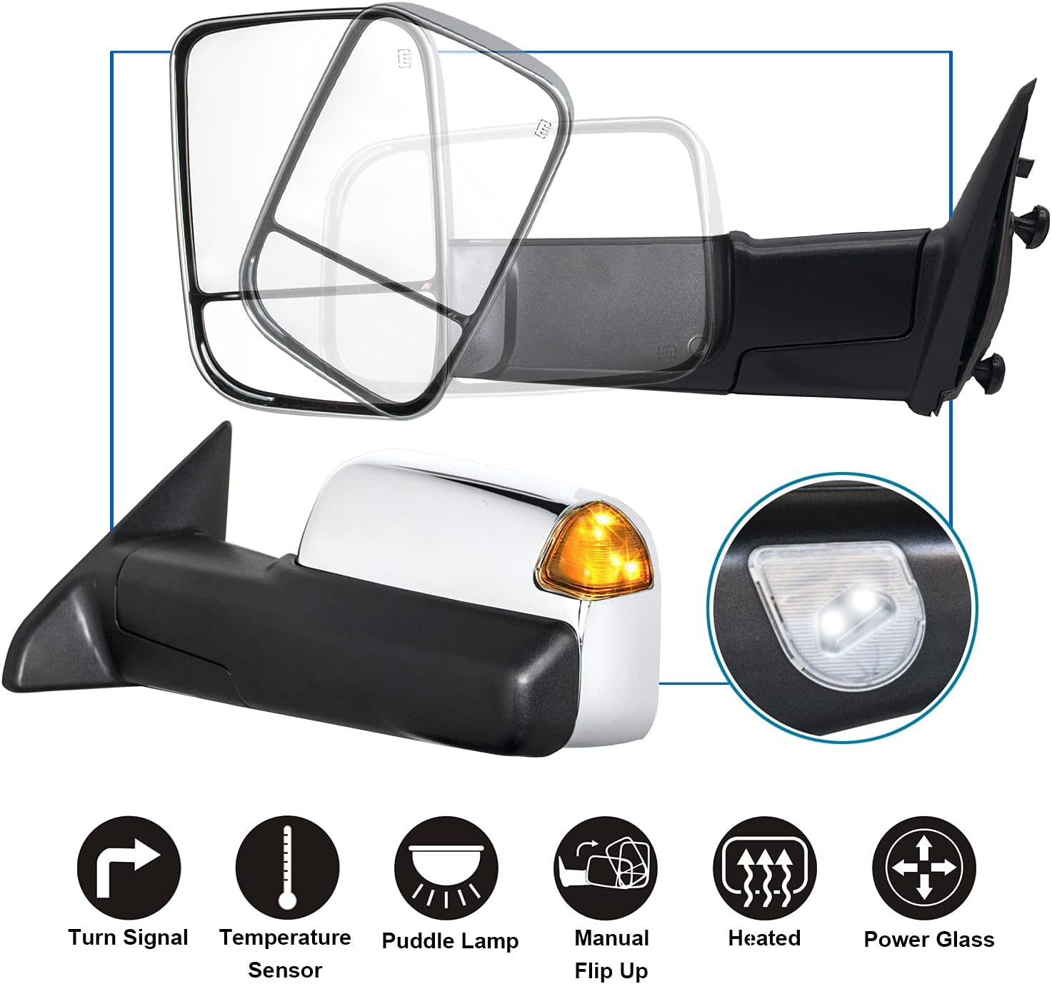 JZSUPER Towing Mirrors Passenger Right Side fit for 2010-2018 Ram 1500 2500 3500, 2009 2010 Dodge Ram 1500 with Heated Power Turn Signal Lights Puddle Lamp Temperature Sensor Flip Up Chrome Cap