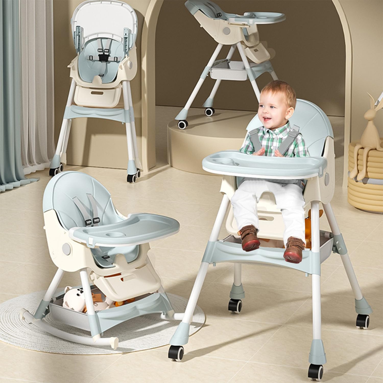 INGUNAR Dining Chair High Chairs for Babies, 4 in 1 Convertible Baby High Chair, Portable High Chair for Travel with Adjustable Height and Back, Foldable High Chair with Wheels& Pu Cushion (Blue)