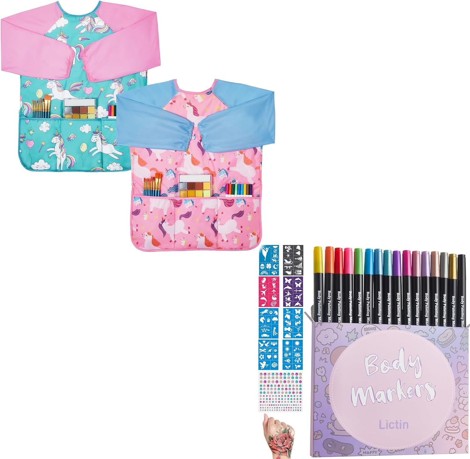 Lictin 2 Pack Kids Art Smocks 16 Colors Temporary Tattoo Markers for Skin