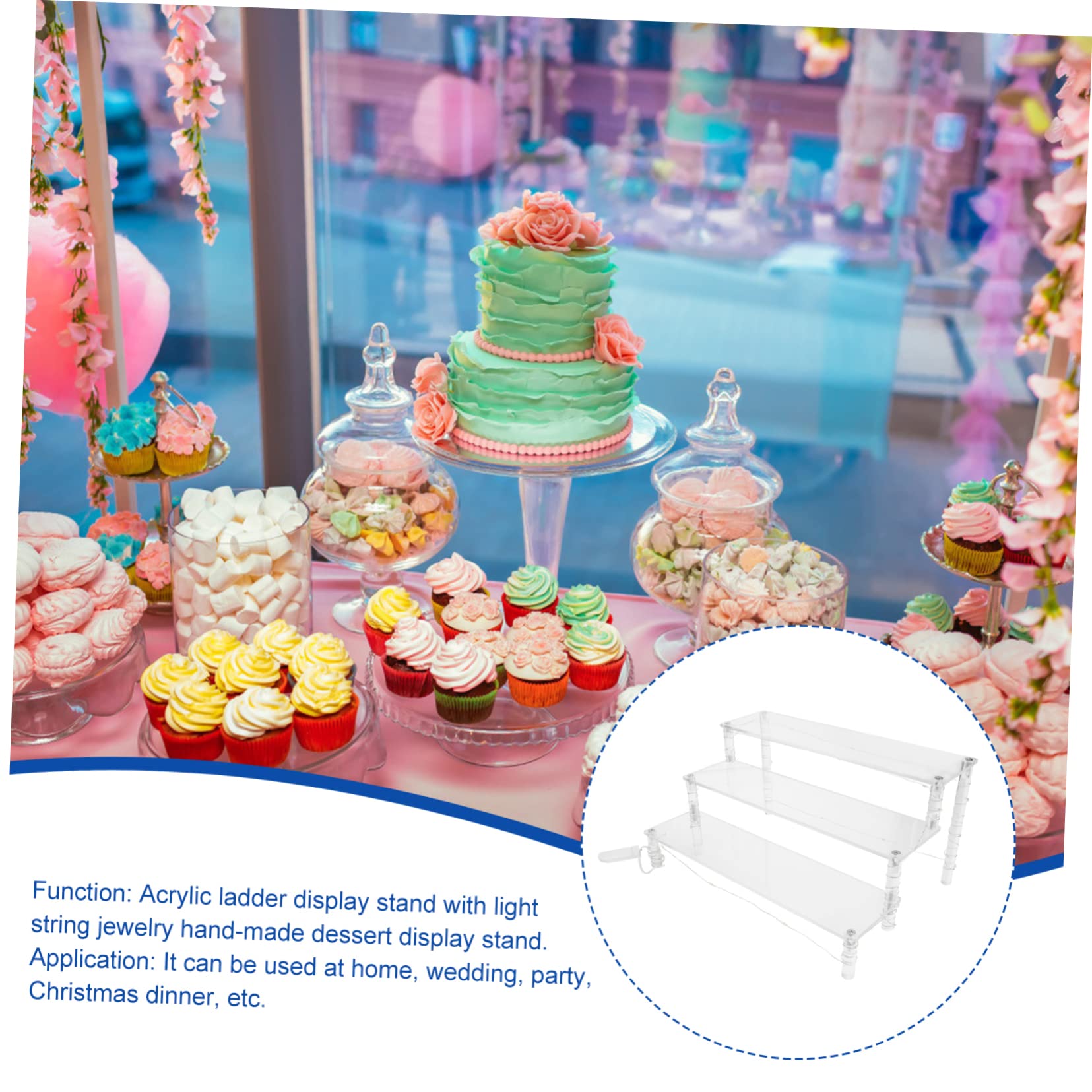SOLUSTRE Clear LED Acrylic Display Stand for Desserts Glasses and Collectibles Multi Use Riser with Decorative String Lights for Home Office Organization
