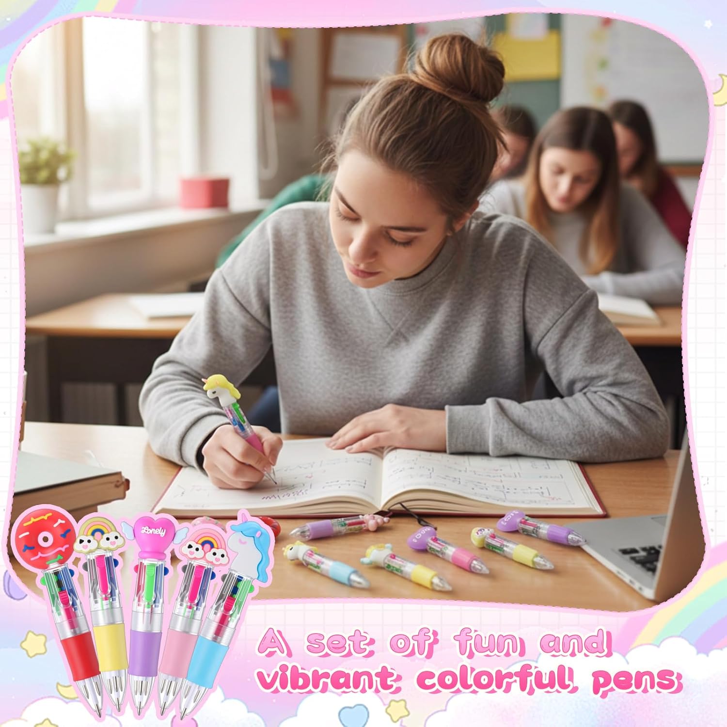 AmazingSpark 72 Pcs Cute Party Favor Pens Mini Multicolor Pens Bulk 4-in-1 Cartoon Kawaii Ballpoint Pen Retractable Donut Unicorn Writing Ink Pen for Birthday Gifts Office Supplies Fun Present