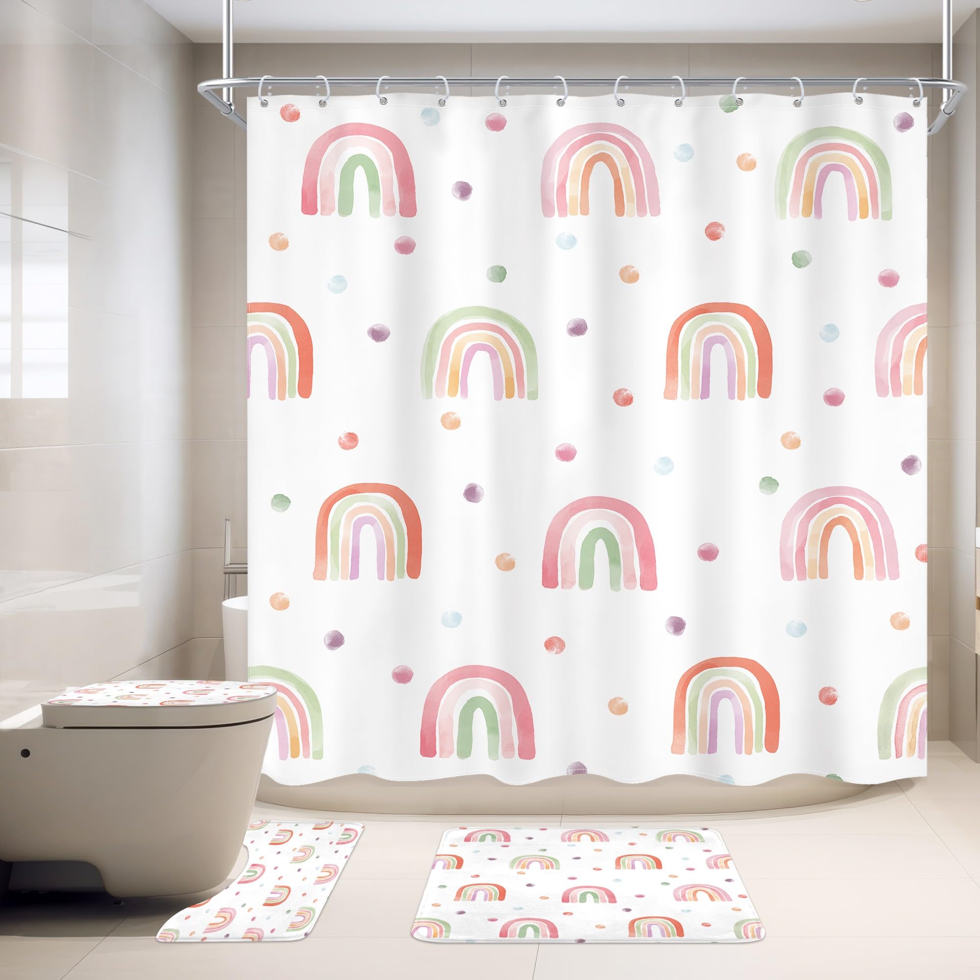Cute Rainbow Shower Curtain for Girls - Pink Bathroom Set -3